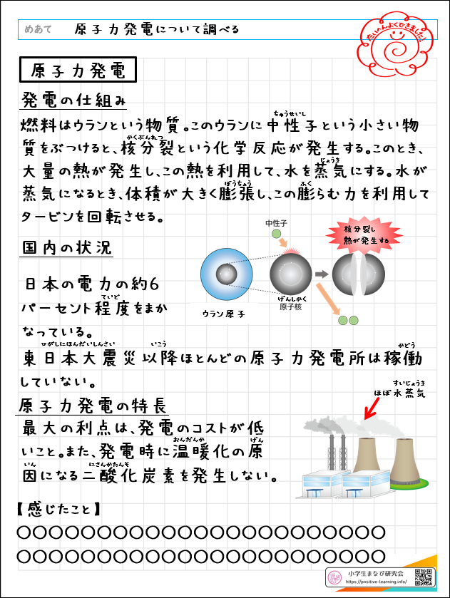 自主学習ノート理科：【6年】原子力発電