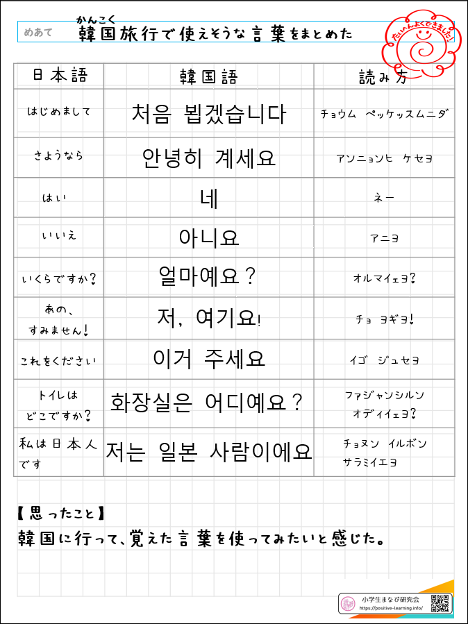 自主学習ノート韓国語：韓国旅行で使えそうな言葉