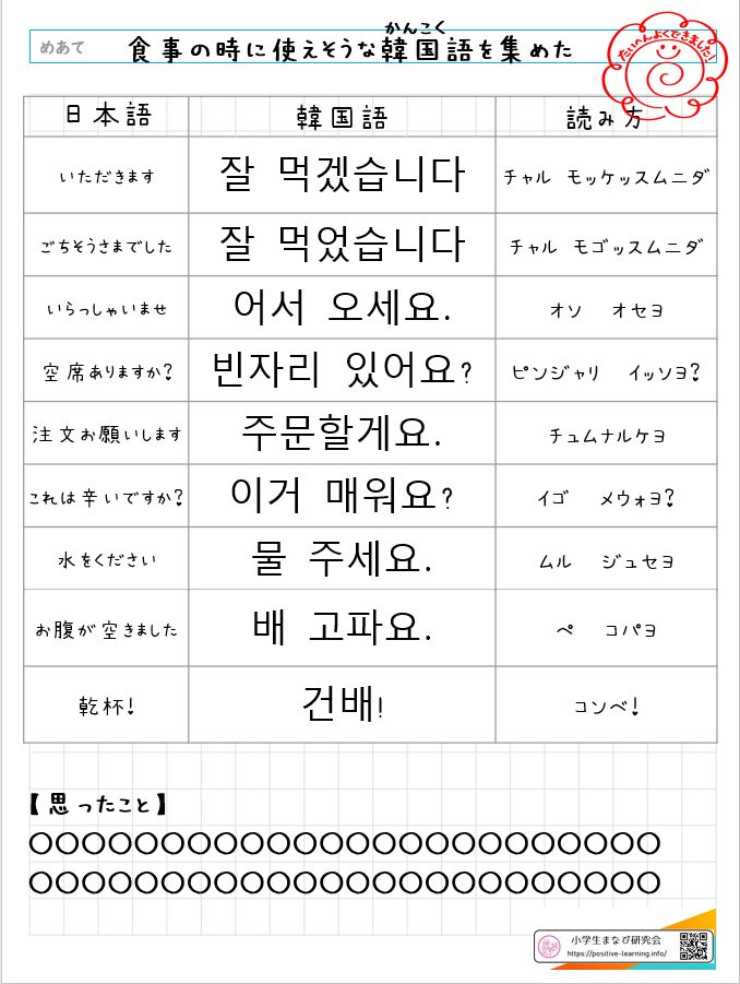 自主学習ノート韓国語：食事の時に使えそうな言葉